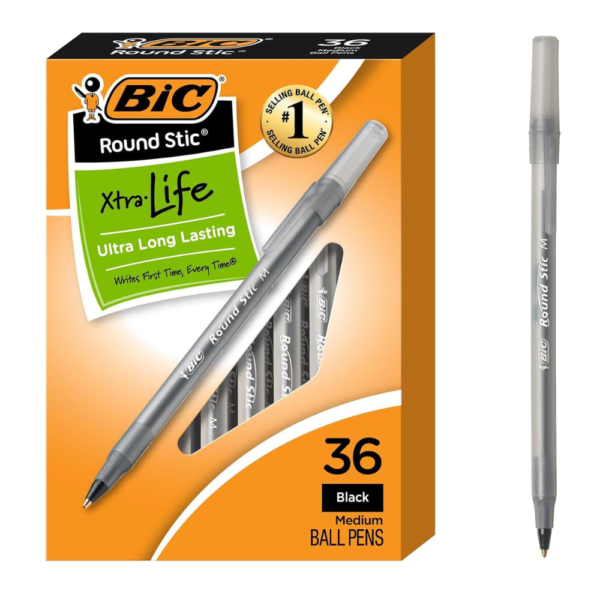 BIC Round Stic Xtra Life Black Ballpoint Pens, Medium Point