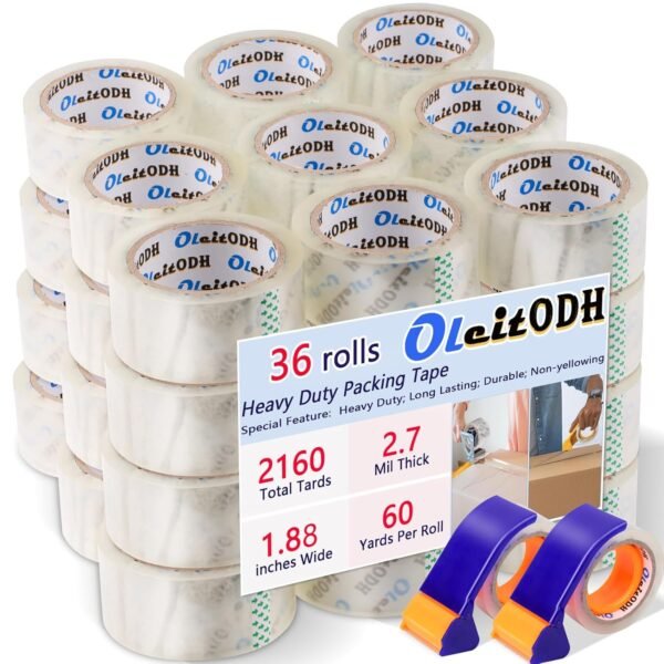 Clear Packing Tape with Dispenser, 36 Rolls, 1.88" x 60 yd, Heavy Duty