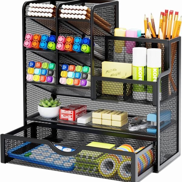 Mesh Pen & Pencil Holder Organizer with Drawer, Black
