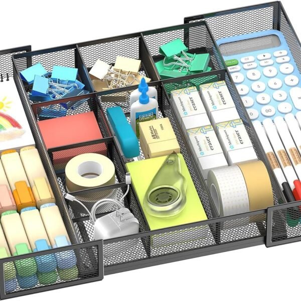 Expandable Desk Drawer Organizer Tray, 10 Adjustable Compartments, Black
