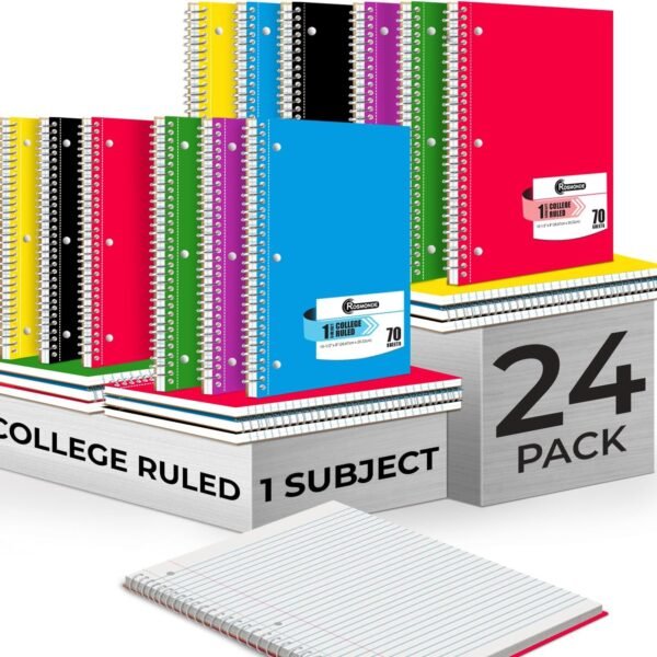College Ruled Spiral Notebooks, 24-Pack, 70 Sheets – 8" x 10.5"