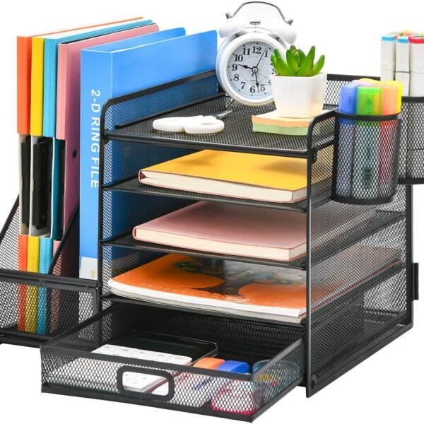 5-Tier Desk Organizer with Drawer, Pen Holders & File Tray, Black