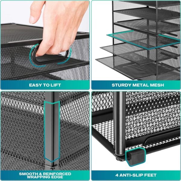 8-Tier Mesh Letter Tray Organizer with Handles, Black