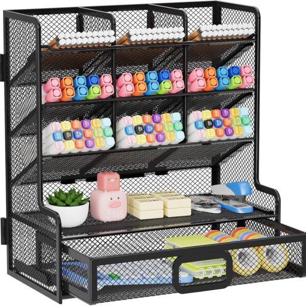 Large Mesh Desk Organizer with Drawer & Pen Holder, Black